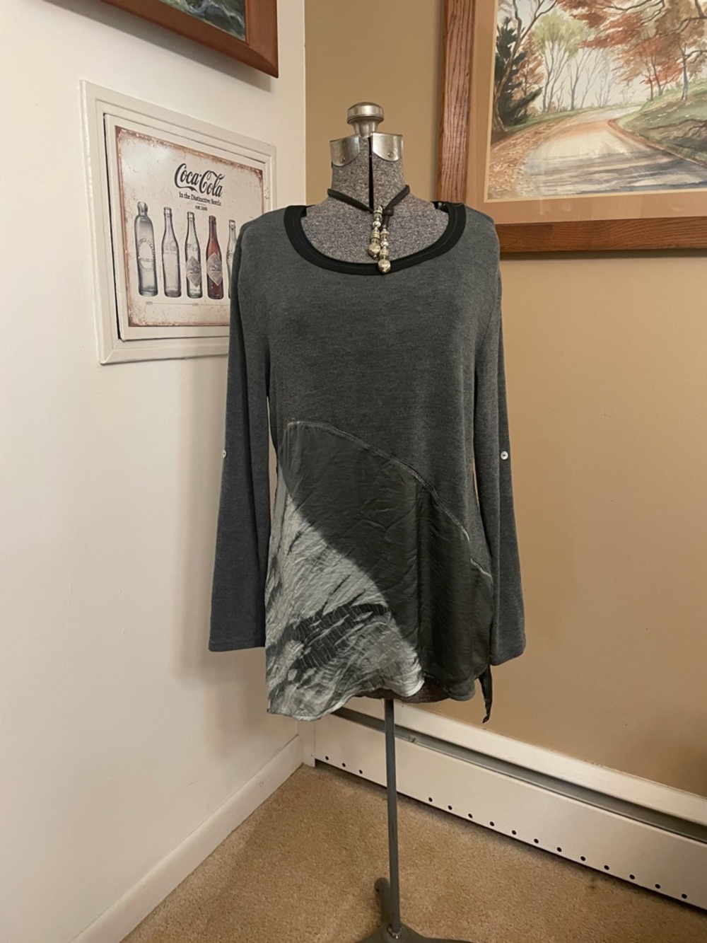 Women's Charcoal Gray Long Sleeve Mixed-Media Top